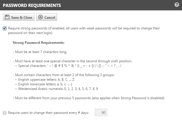 Strong password requirements