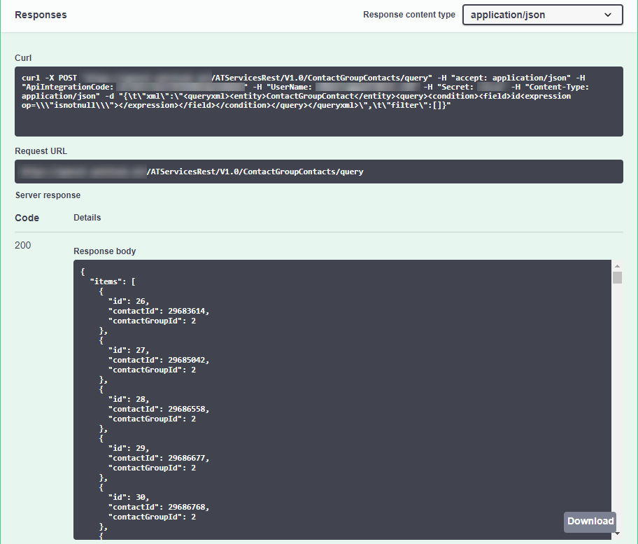 Screenshot of the curl and request URL syntax, as well as the query response, in the Swagger UI. The Download button is visible.